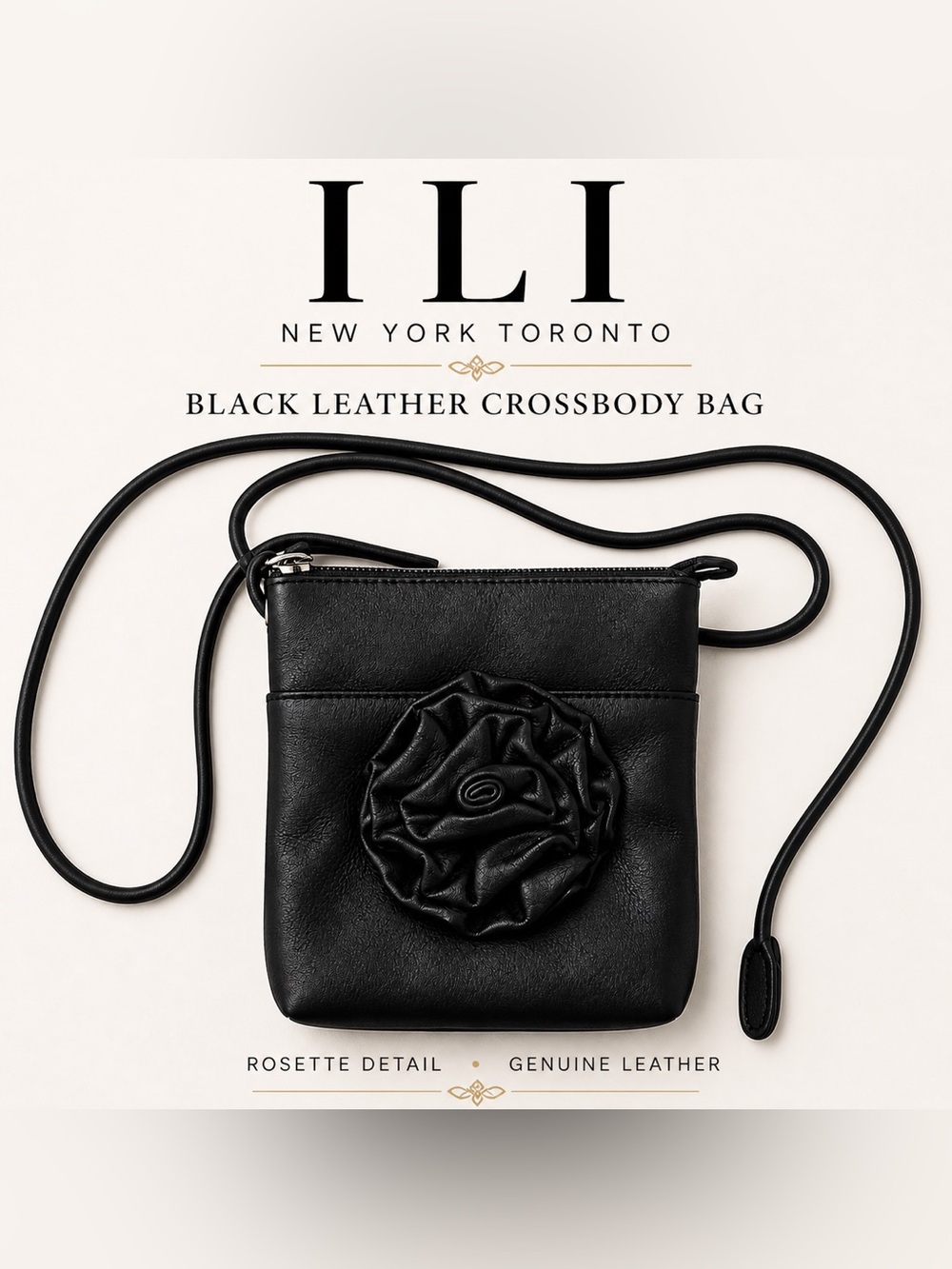 ILI Black Leather Rosette Crossbody